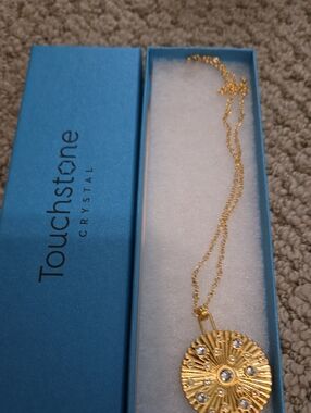 Touchstone Crystal Gold Sunburst Pendant Necklace - Gold with Clear Crystals